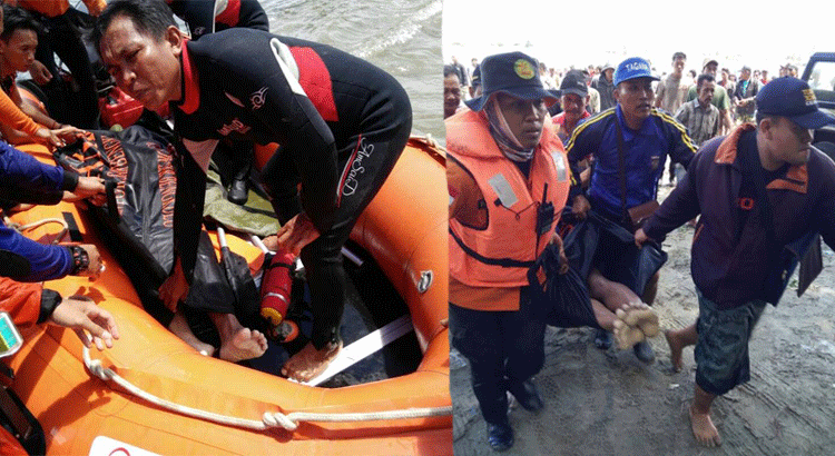 Tim Basarnas dan Polair saat membawa jenazah ke tepi pantai