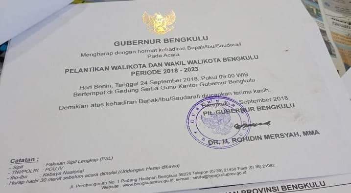 Undangan pelantikan Wali Kota dan Wakil Wali Kota Bengkulu periode 2018-2023