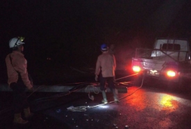 Pihak PLN sedang melakukan pembersihan bekas tiang listrik yang roboh